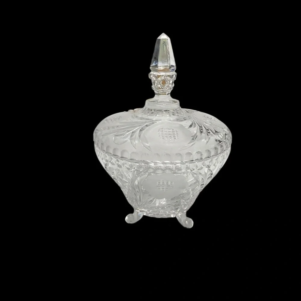 Vtg EAPG Footed Bowl & Lid Candy Dish Clear Glass Etched Flowers Leaves Design